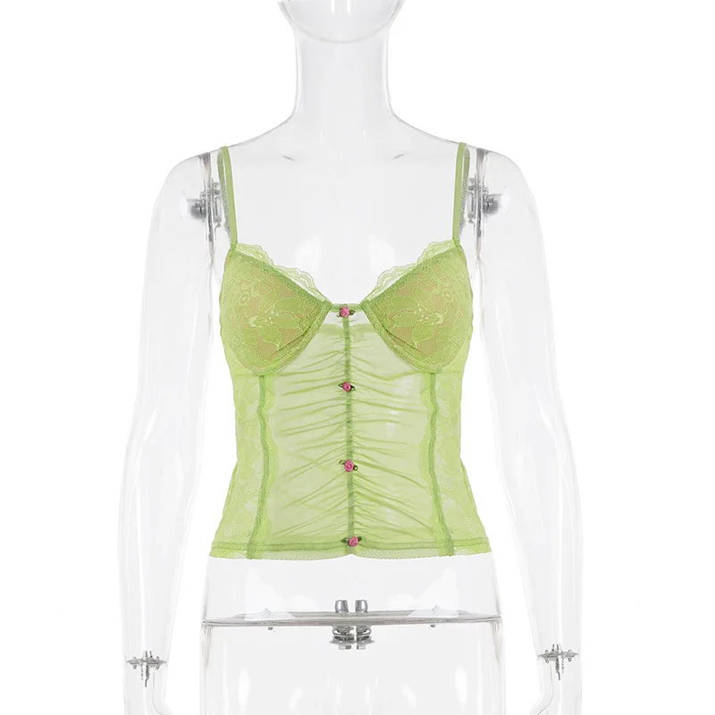 Lace patchwork mesh sexy hot girl perspective sling women vacation style flower green top