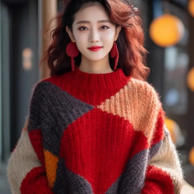 Christmas Contrast Semi-High Neck Red Pullover Sweater Women's Fall/Winter New Lazy Wind Bat-Sleeve Knitted Top