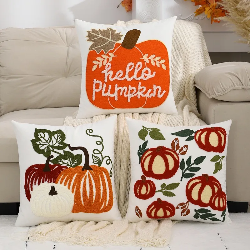 Halloween Pumpkin Pillowcase Embroidered Velvet Pillow Cover Plush Cushion Case Spooky Sofa Decor Cozy Bedroom Accent