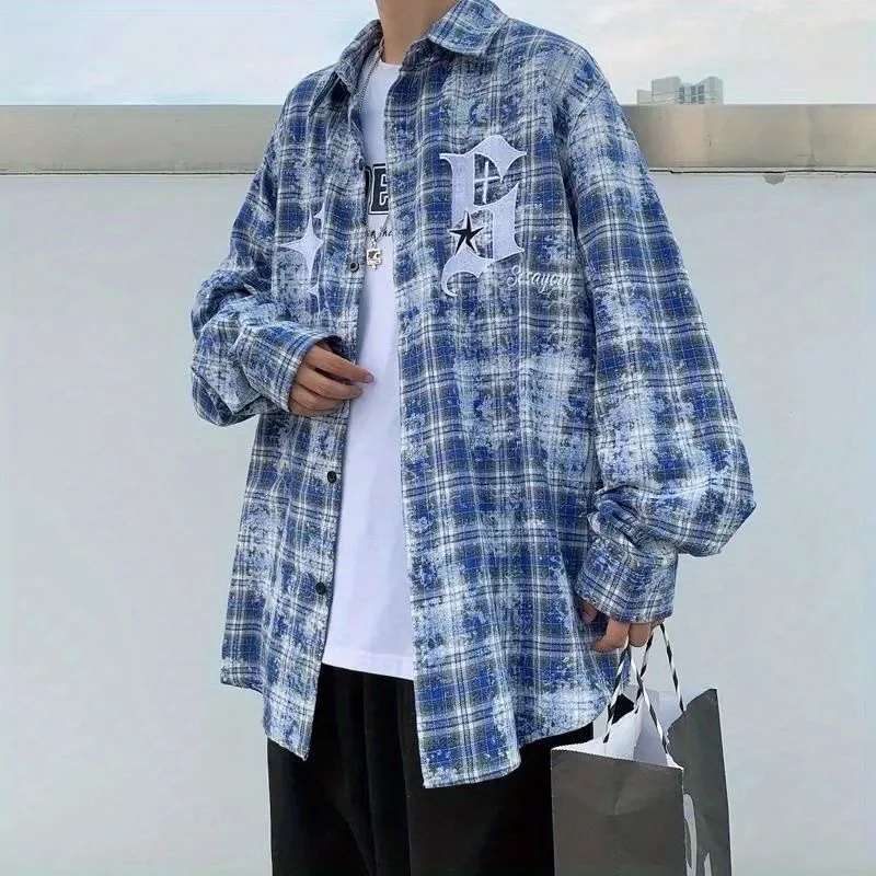 Plaid Shirt Men's Casual Coat Loose Plaid Tie-Dye Shirt Long Sleeve Single-Breasted Cardigan Unisex Tops Turndown Collar Jackets