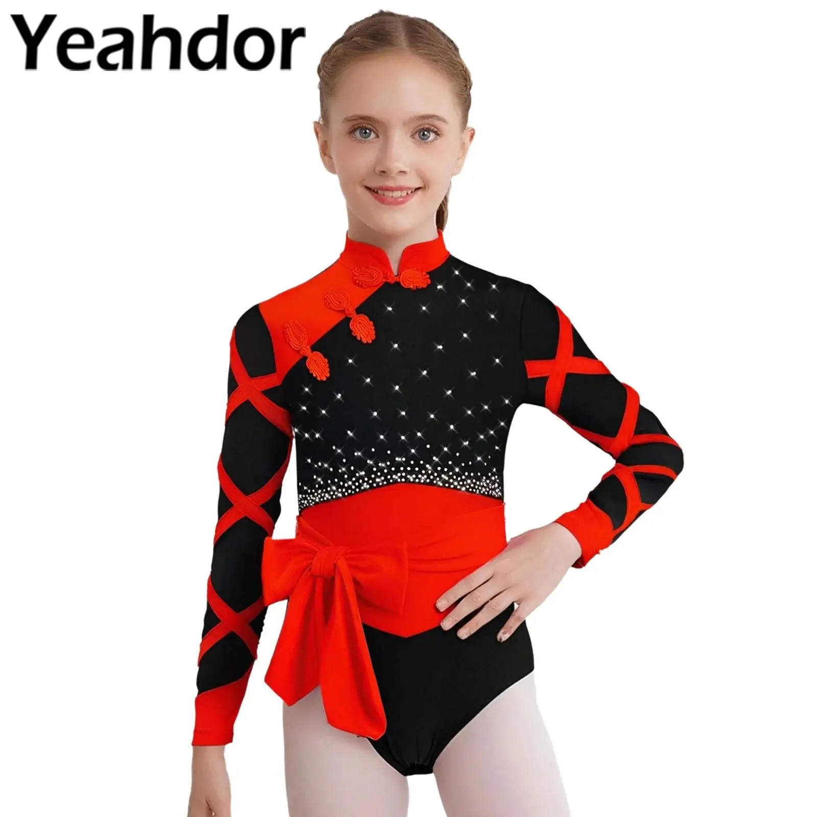 criancas-meninas-estilo-chines-ballet-ginastica-collant-no-botao-gola-mandarim-bodysuit-com-cinto-cor-bloco-danca-desempenho
