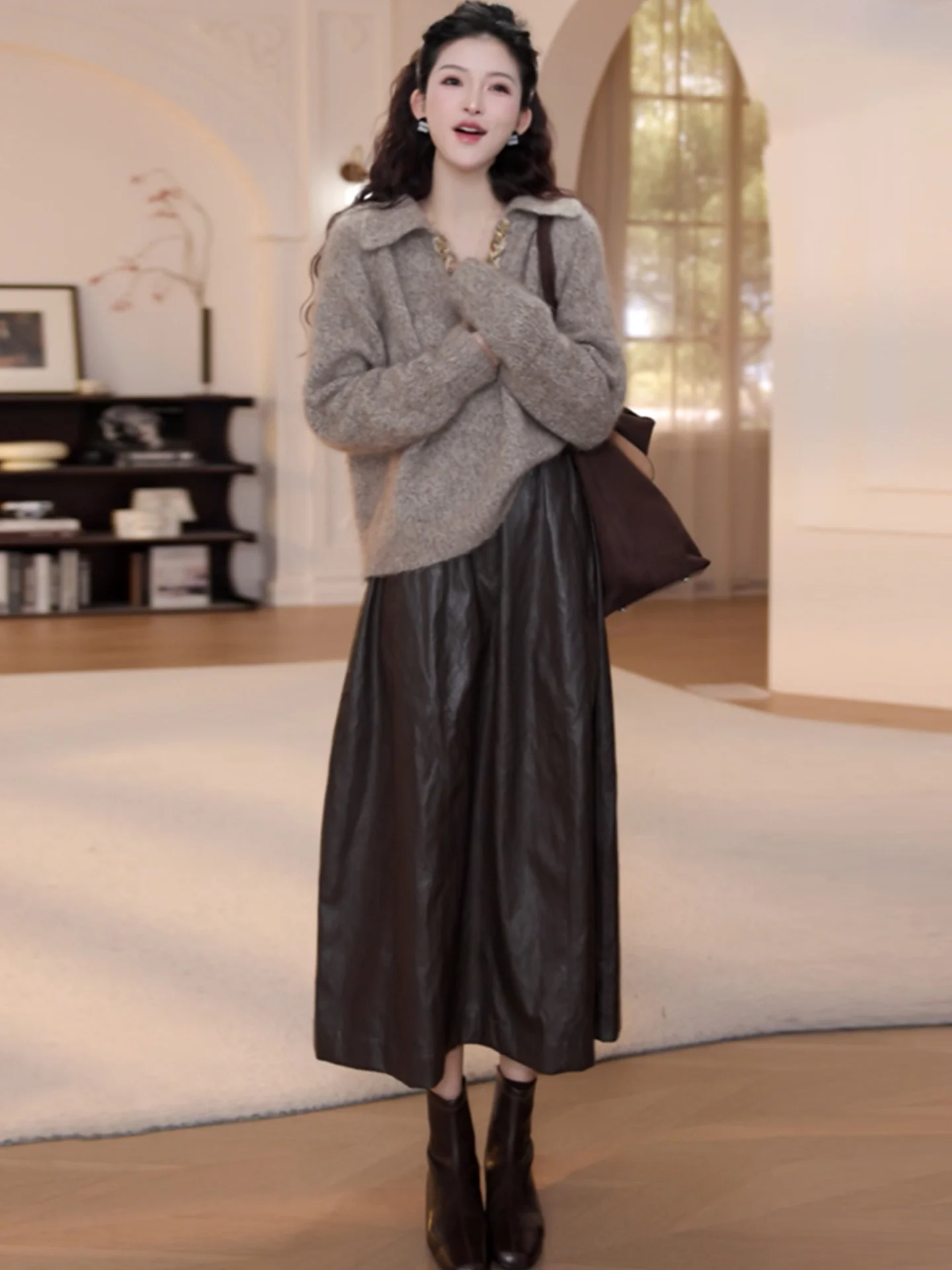 Ele Pure Color Long Sve вязаный свитер простой дизайн удобный крой осенний модный повседневный шикарный женский вязаный топ