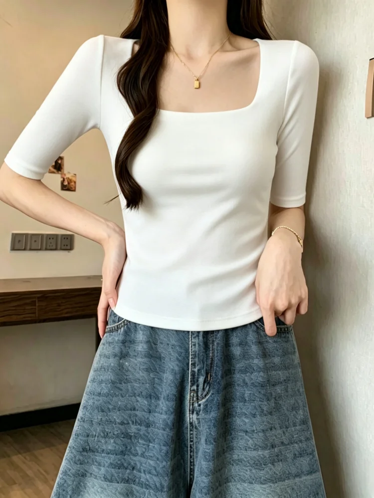 95 Cotton Square Collar mid Sleeve T Shirt Women plus Size Slimming Top Shoulder Width Regular Summer Casual Comfortable