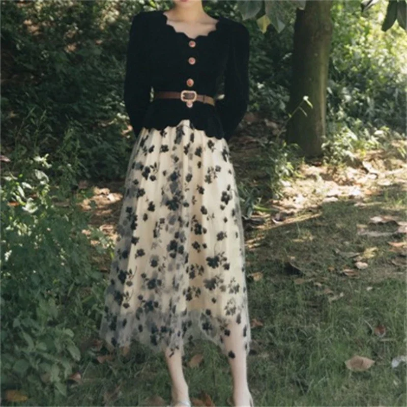Long Sleeve Top High Waist Solid Skirts Suits  Women Autumn Vintage Black Velvets Tops Floral Skirt Sets Lady Elegant