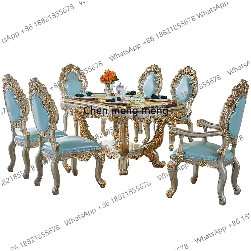 

Обеденный стол и стулья ze5556 из массива дерева, длиной 1,8 метра, овальной формы, в стиле вилла, роскошные, цвета шампань, золото, с синей кожаной отделкой.