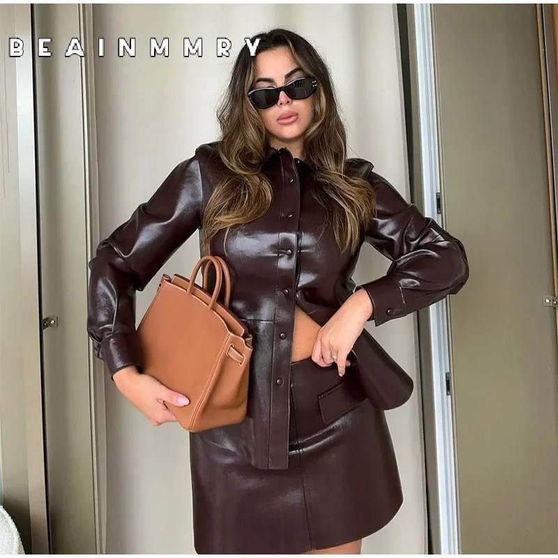 Women Elegant Lapel Single Breasted Jacket Hip Wrapped Skirt Set Vintage Wine Red Leather Coat Mini Dress Suit 2024 Lady Outfits