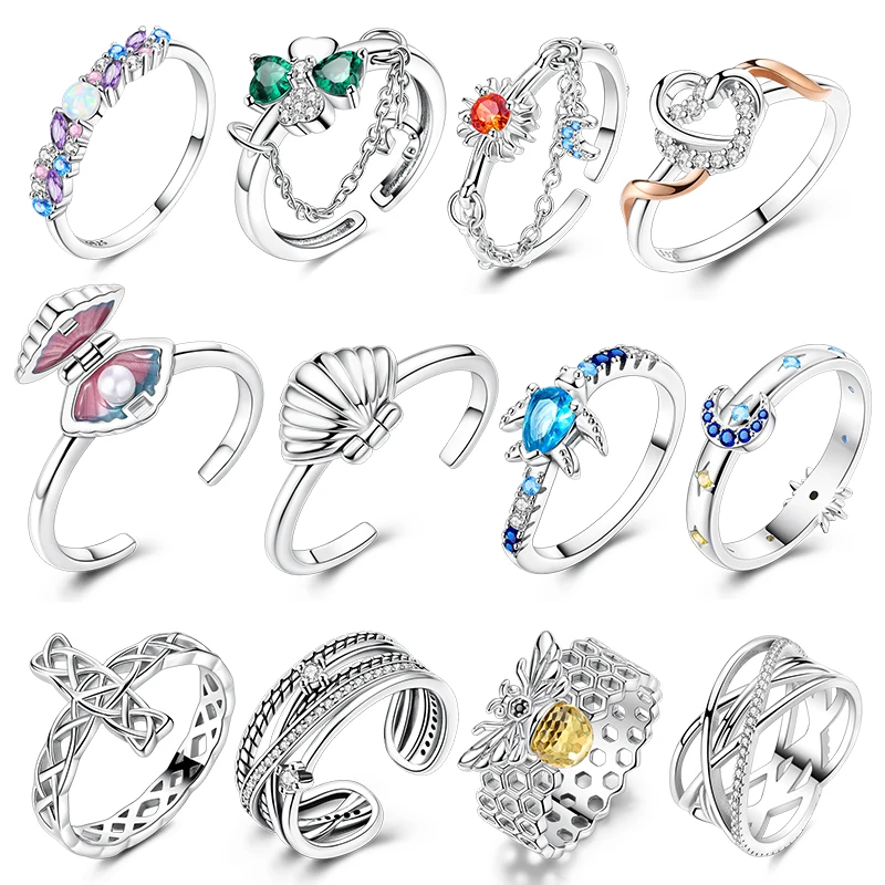 

Women Silver Finger Rings for Women Original 925 Sterling Silver Bee Sea Turtle Scallop Ring Sun Zircon Heart Wedding Jewelry
