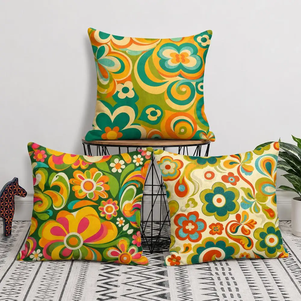 Groovy Retro Flowers Cushion Cover Silky Short Plush Invisible Zipper Dustproof Sofa Pillow Case For Home Decor