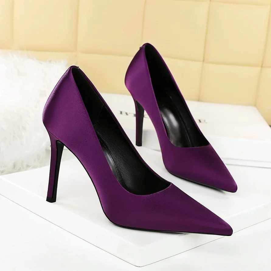 

BIGTREE Simple Fashionable High Heels Prom Dress Lady Women's Pumps Stiletto 9.5cm Satin Fetish High Heeled Shoes Purple Black