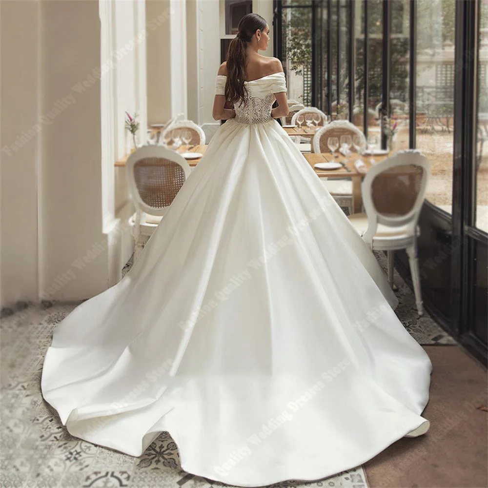 Gaun pernikahan wanita lapisan Satin halus gaun pengantin elegan bahu terbuka panjang mengepel peluncuran terbaru Vestidos De Novas