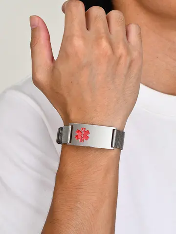 Kostenlose personalisierte medizinische Alarm-ID-Armbänder für Männer, wasserdichtes 10 mm/16 mm breites Edelstahl-Mesh-Band-Armband ICE Jewelry