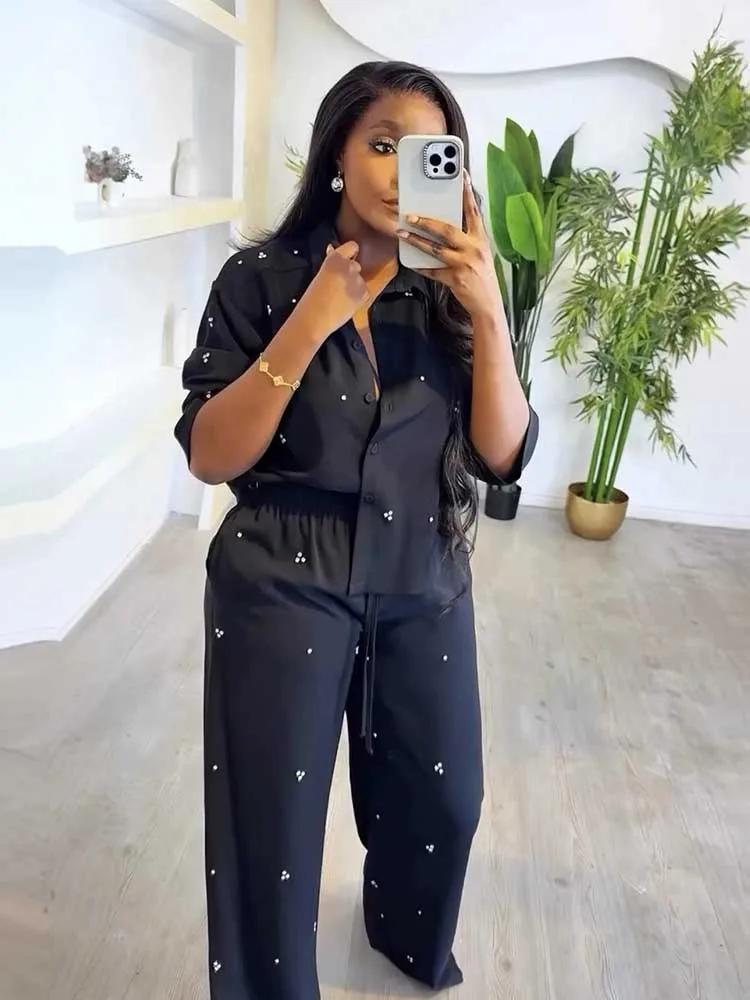

Женский повседневный комплект Женский комплект из 2 предметов с бриллиантами Осенняя рубашка с длинным рукавом Топ и брюки Однотонные элегантные женские брючные костюмы