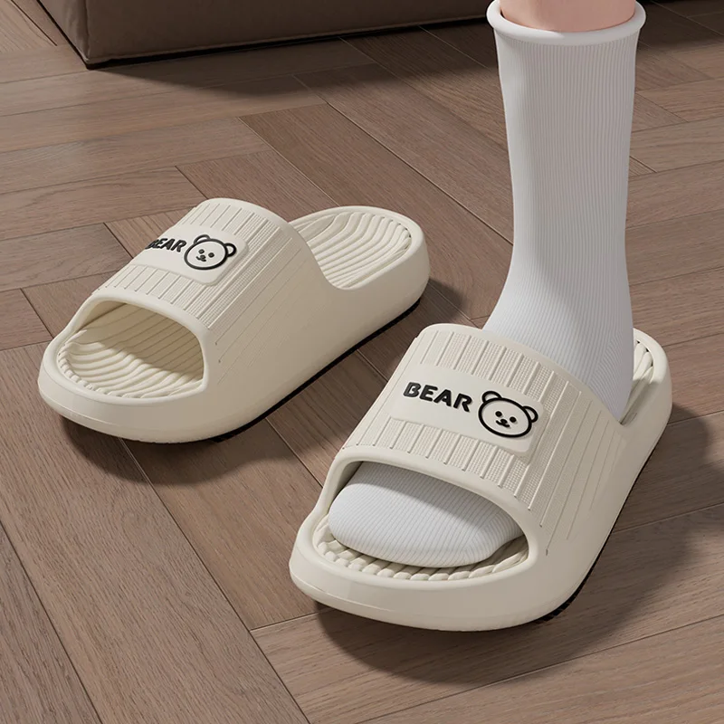 Cute Bear Summer Slippers Women Men Soft EVA Thick Platform Slides Non-Slip Quick-Drying Bathroom Shower Shoes Indoor Home Mule image 5