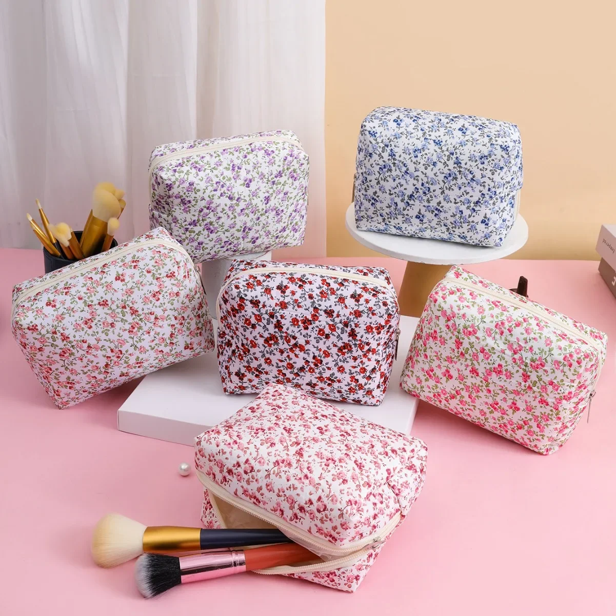 Ins New Floral Octagonal Makeup Bag Women Cosmetic Bag Portable Travel Organizer Wash Bag Female Makeup Pouch Zipper Coin Purse