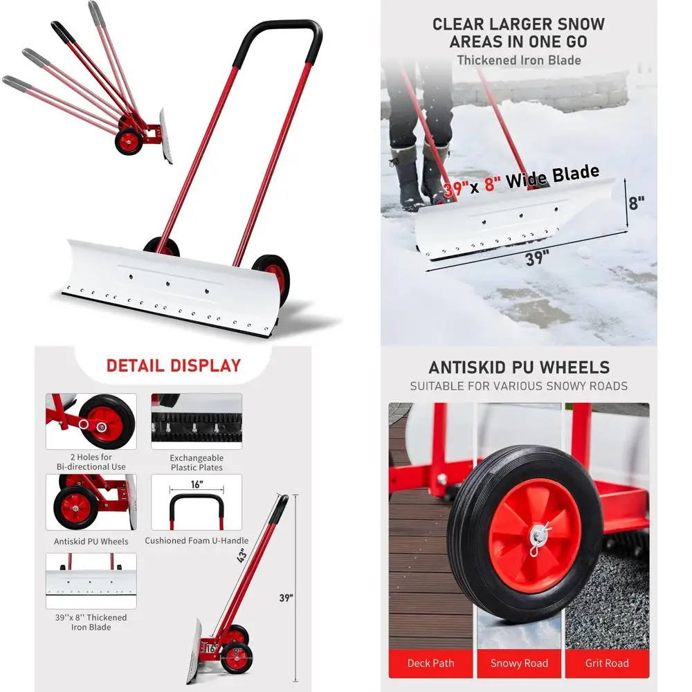 

Bi-Directional Wheeled Snow Plow Removal - 39-inch Snow Pusher for Driveway and Sidewalks with Anvil-Edge Design