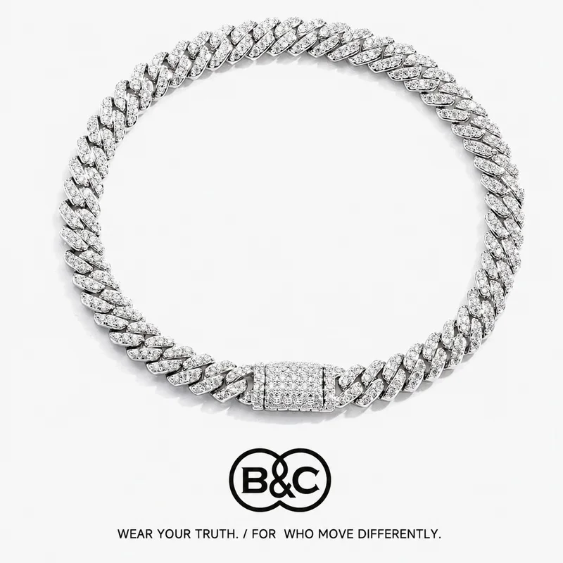 B&C 6MM VVS1 Moissanite Iced Out Bracelet Hip Hop Jewelry Silver Plated Brass Cuban Link Chain Bracelet for Female Wholesale
