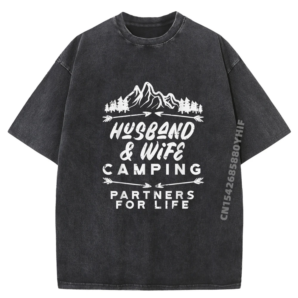 

Casual Husband And Wife Camping Matching T-Shirt Graphic Tees Mens Fashion Washed Shirt Funny T Shirts