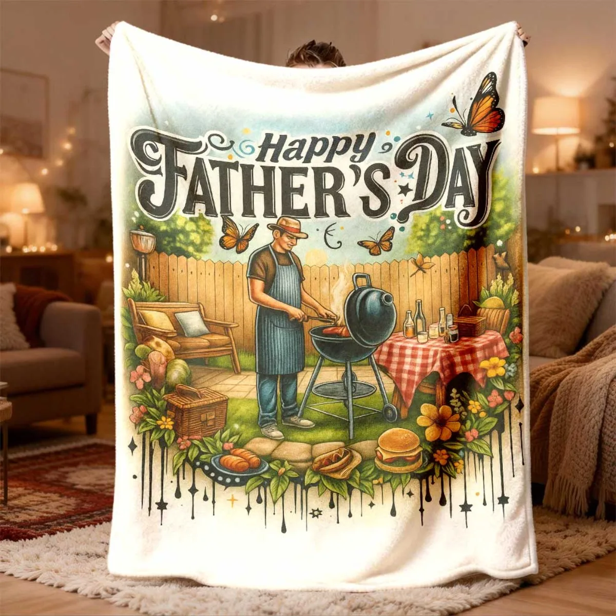 Happy Fathers Day Blanket Throw BBQ Grill Picnic Gift for Dad Family Keepsake 150x200cm Home Decor Luxury Throw