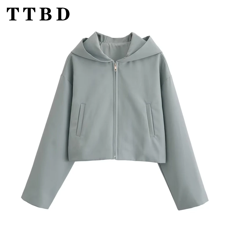 

TTBD 2024 New Fall Women's Solid Color Hooded Cropped Jacket Casual College Style Fashion Outerwear