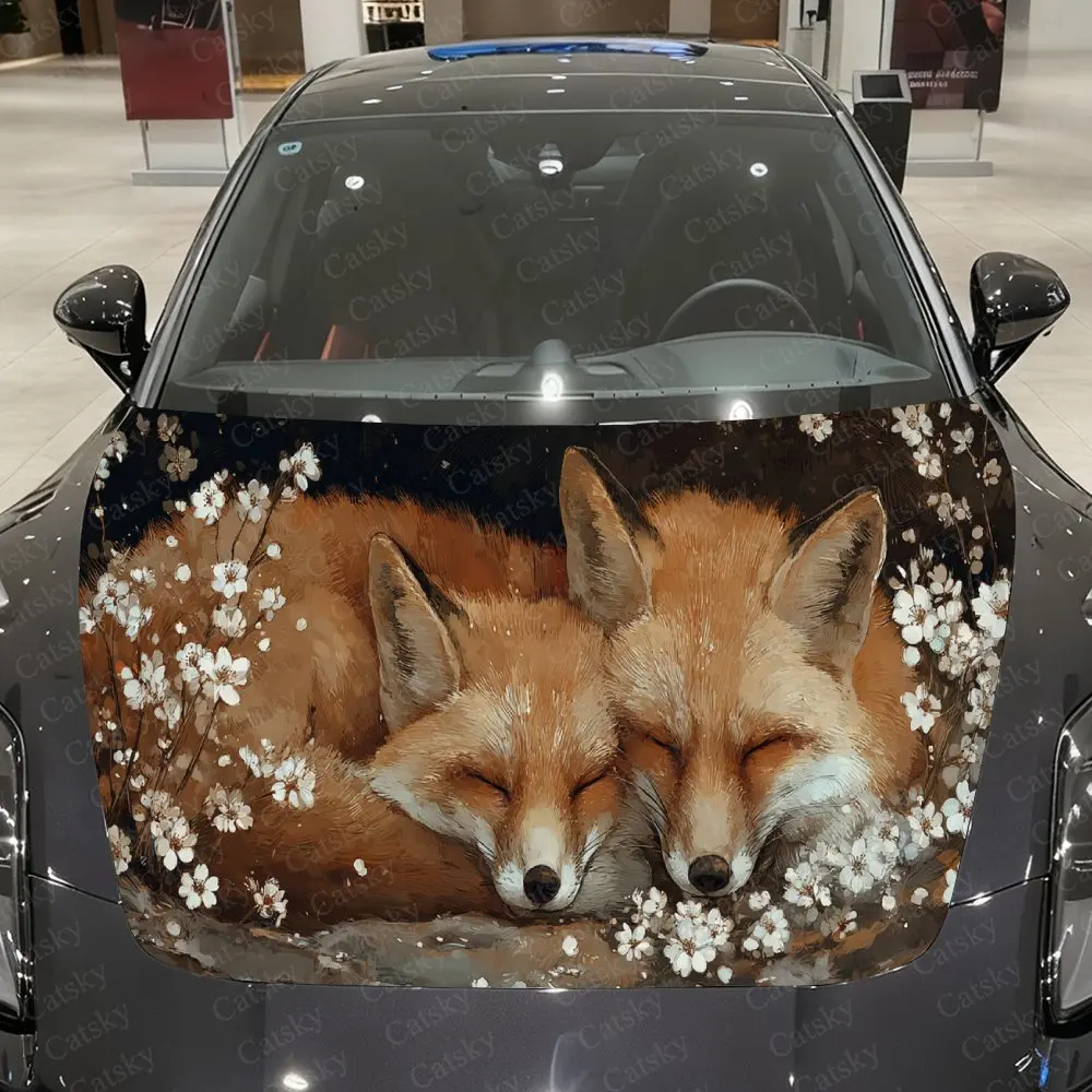 

Foxes Napping PVC Car Hood Wraps, Self-Adhesive Waterproof Car Bonnet Decal Sticker, Car Decoration Protection Stickers for Truc