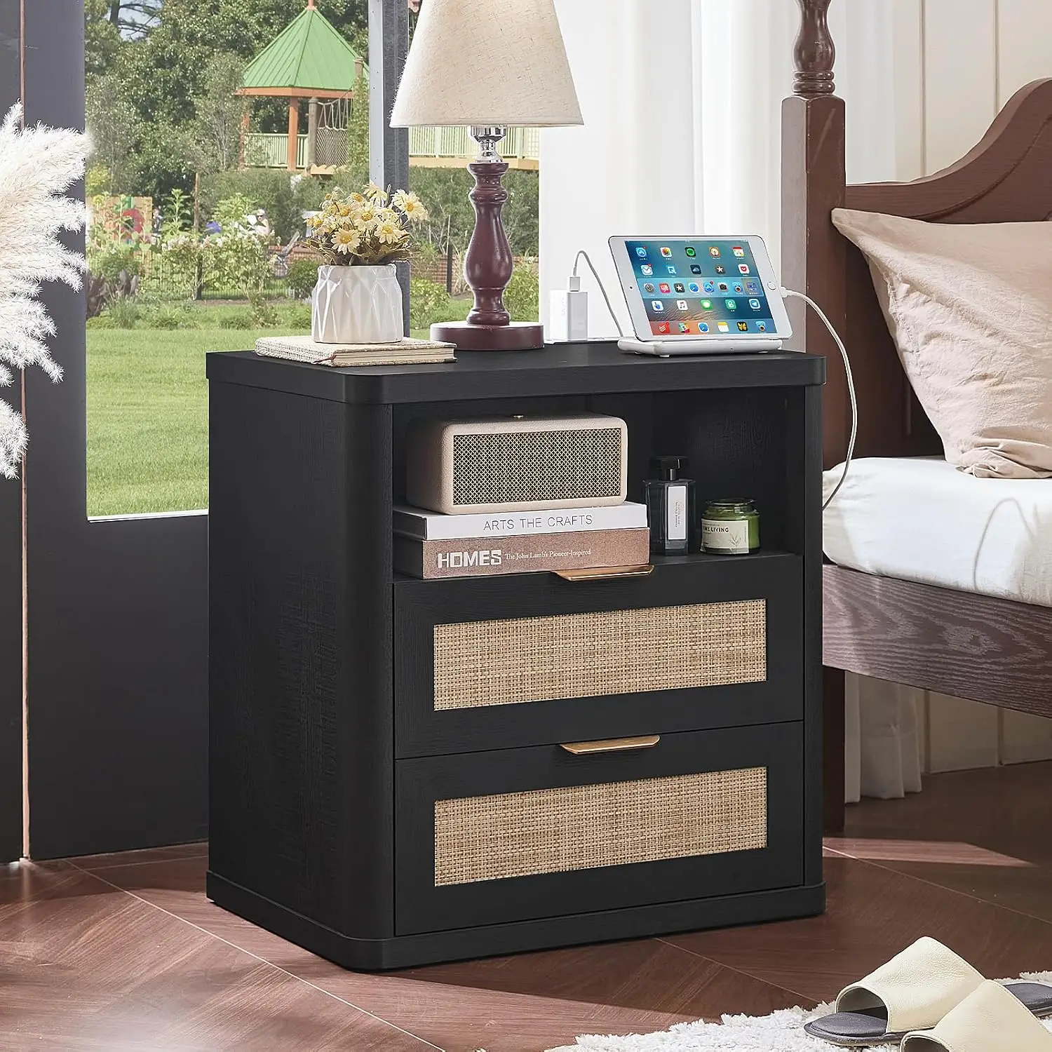 Rattan Nightstand Set 2 with Charging Station & 2 Drawers for Bedroom, Customized