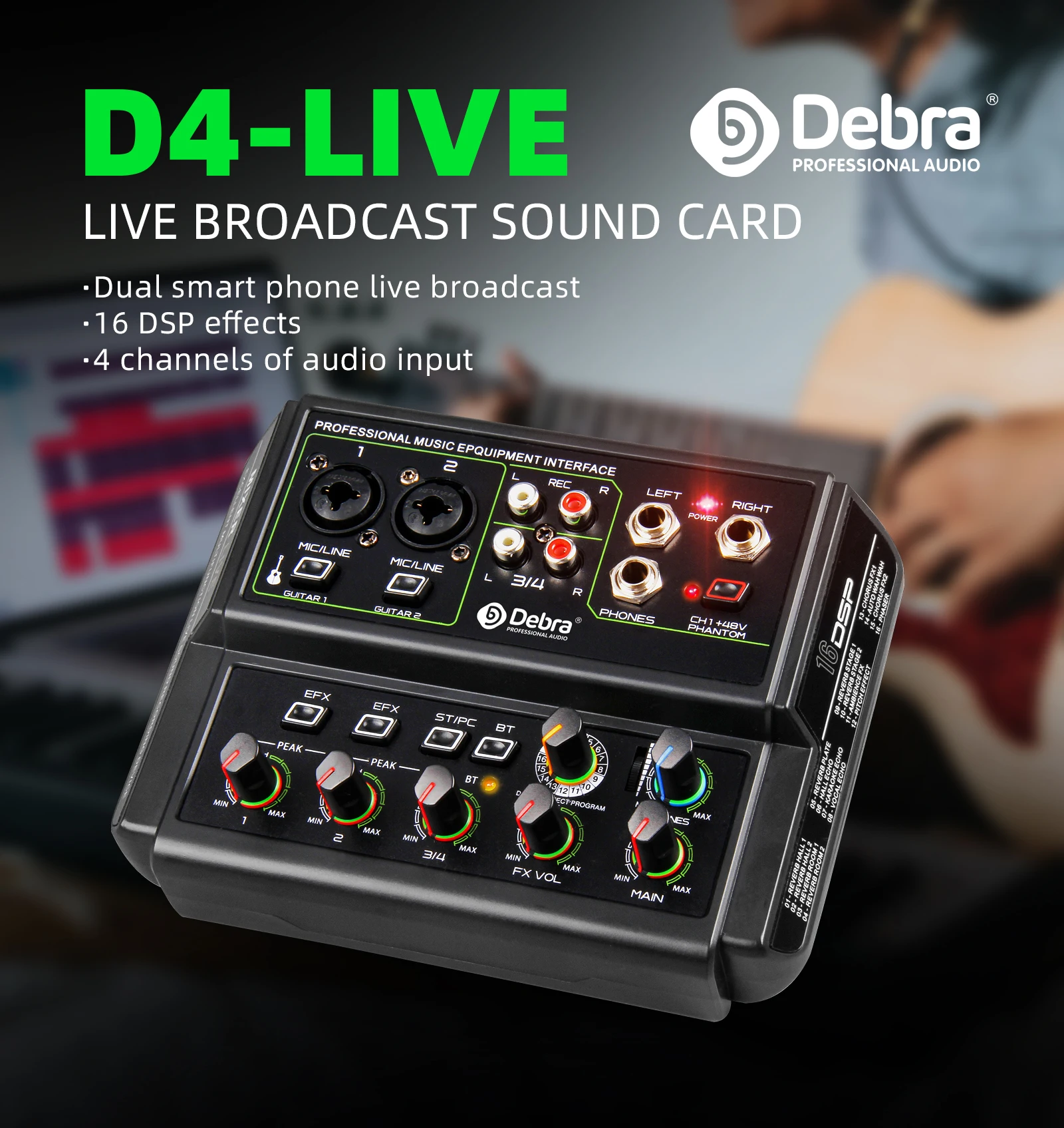 Sound Card D4-Live 4 Channel Audio InterfaceWith Bluetooth, +48v Phantom Power, 16 Kinds Of DSP, For Live Broadcast,Recording.