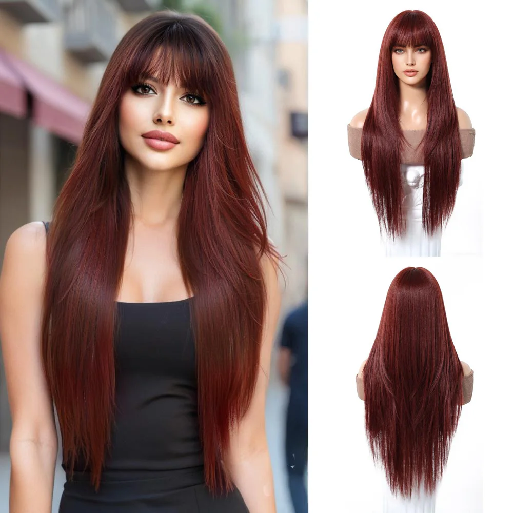 

Высококачественные 27-дюймовые винно-красные черные длинные прямые синтетические волосы с челкой, подходящие для женских повседневных вечеринок, термостойкие парики