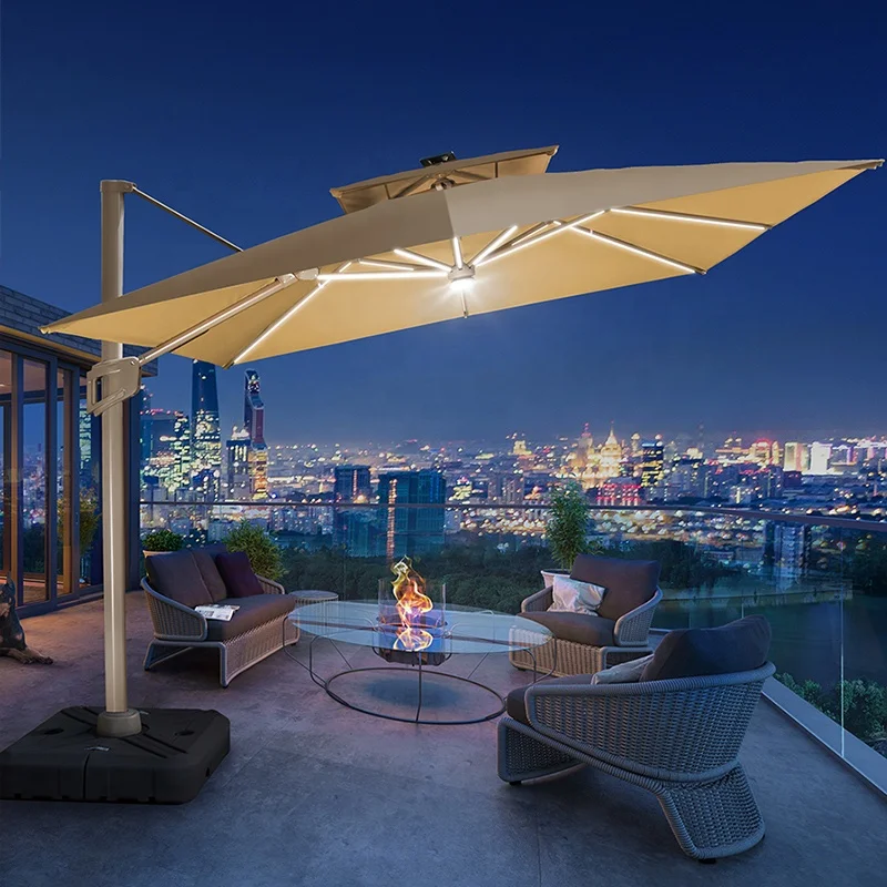 

Low MOQ 3x3m All Aluminum Frame Pole Courtyard Umbrella Outdoor Parasols Roman Umbrellas Wiht Led Lamp For Patio Restaurant