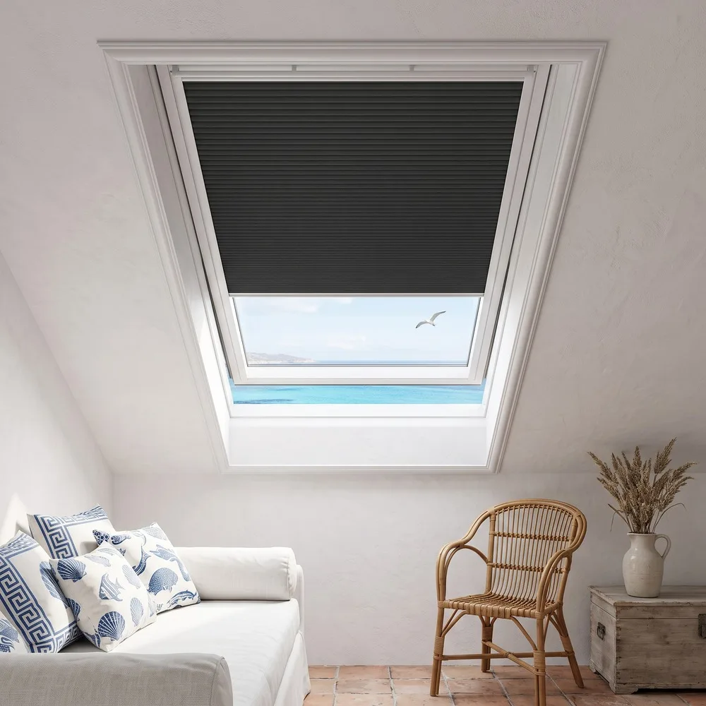 Motorized Honeycomb Skylight Blind Full Blackout Cell Fabric, Rechargeable Solar Option and Tuya App Control, Custom Size
