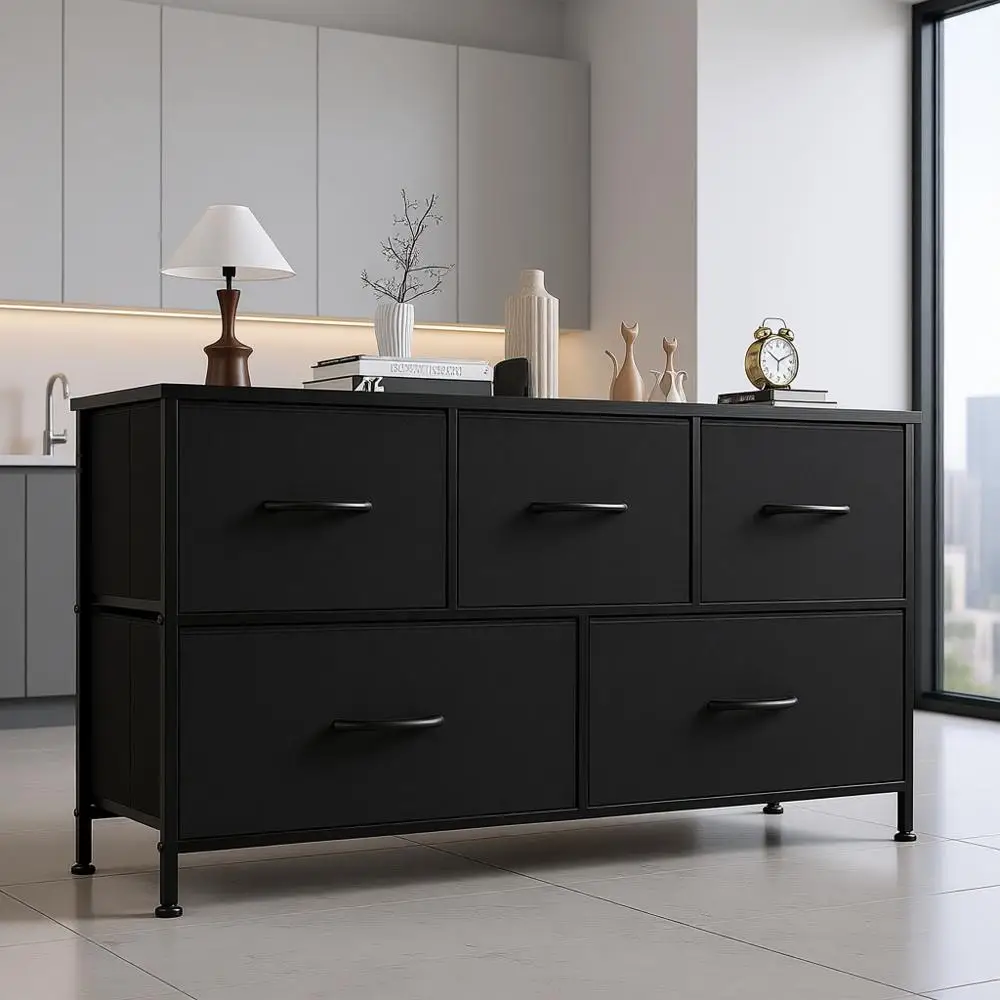 

5-Drawer Storage Cabinet with Metal Frame and Wooden Top, Suitable for Bedroom, Living Room, and Small Spaces, Black