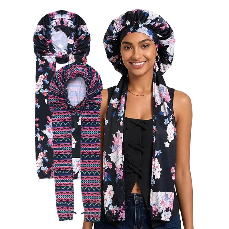 2PCS New Ice Silk long Tube Printed Sleeve Sleep Cap Hair Care Bonnet Head Wrap Elastic Band Cap Beauty Care Makeup Cap