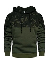 Camouflage Hoodie, Cool Hoodies For Men, Men's Casual Color Block Design Hooded Sweatshirt With Kangaroo Pocket Streetwear For W