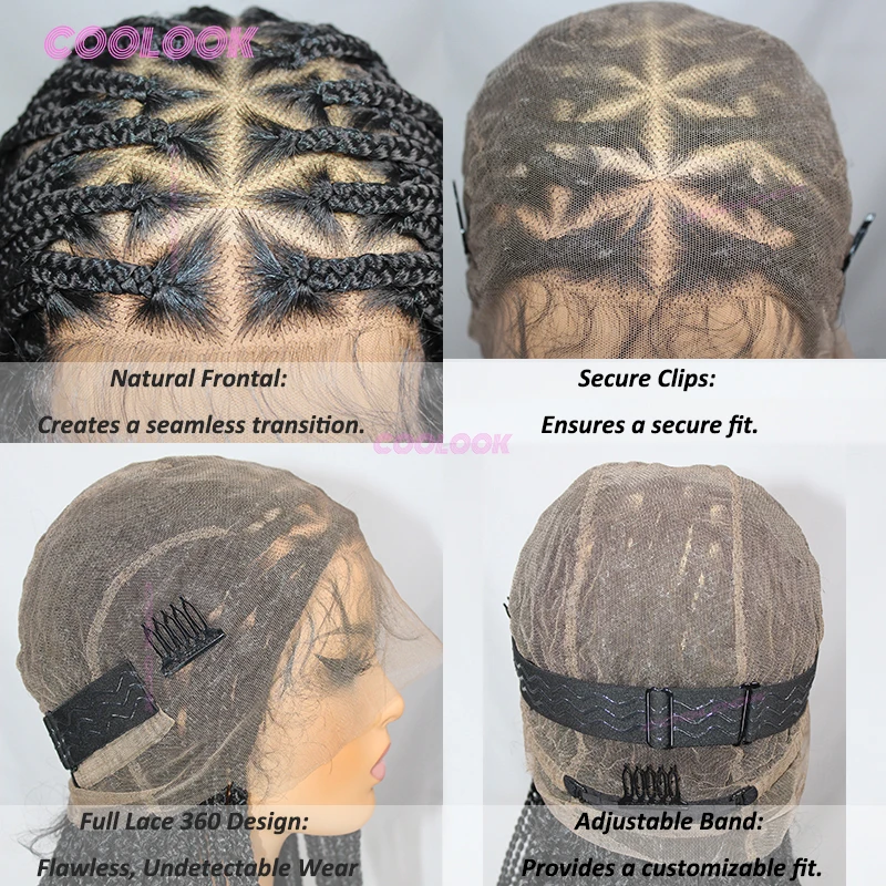 26-Zoll-Dreieck-Zöpfe-Haarperücke, synthetische Vollspitze, geflochtene Perücken für schwarze Frauen, knotenlose Box-Zopf-Perücke, Cornrow-Zöpfe, Spitzenperücke