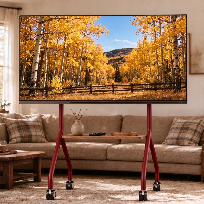 Modern Simple Mobile TV Floor Cart with Hidden Cable Management Height Adjustable Shelf and Wheels for Living Room Bedroom