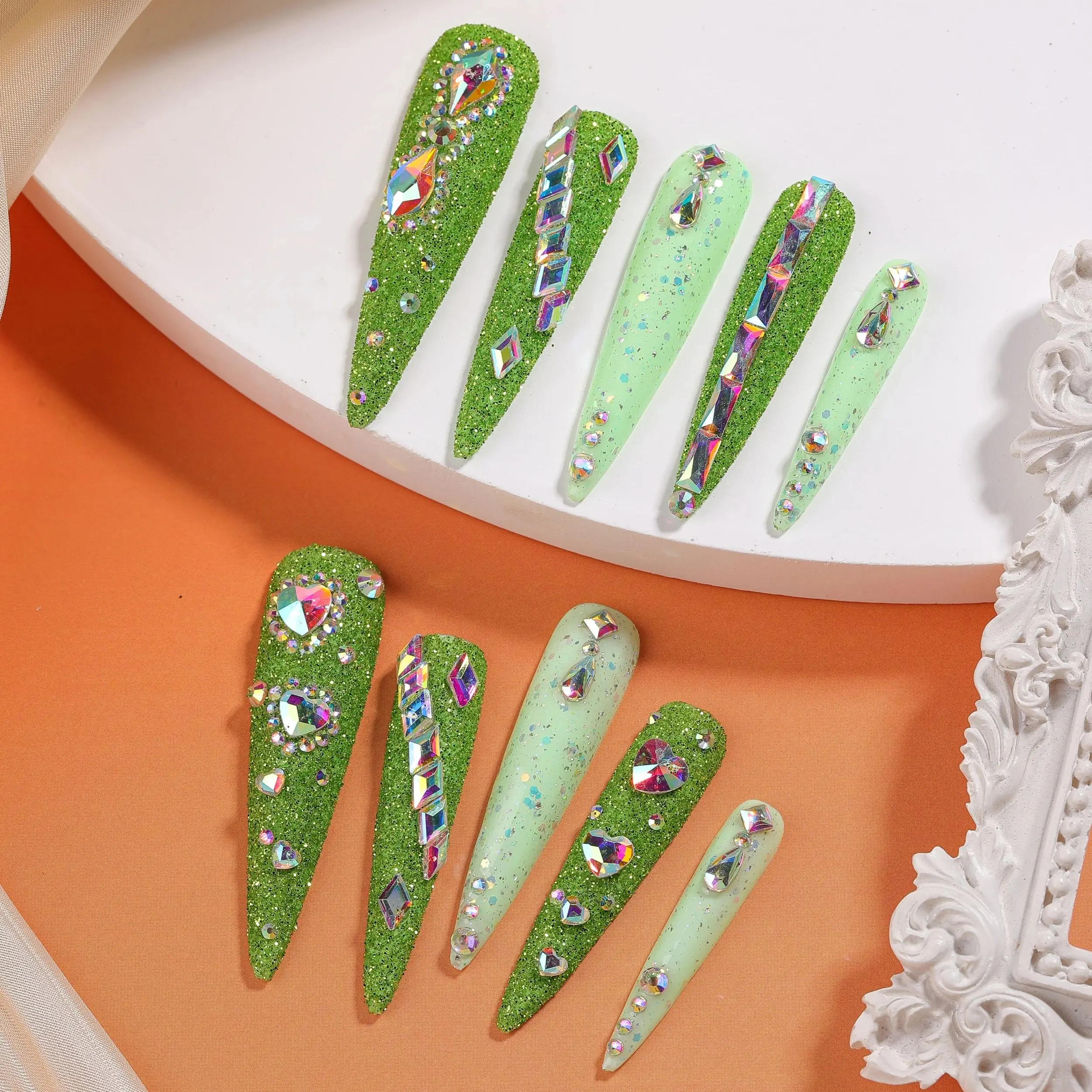10Pcs Handmade Neon Green Design False Nails Super Long Pointy Press on Nails Wearable Fake Nails Party Drama Finger Nail