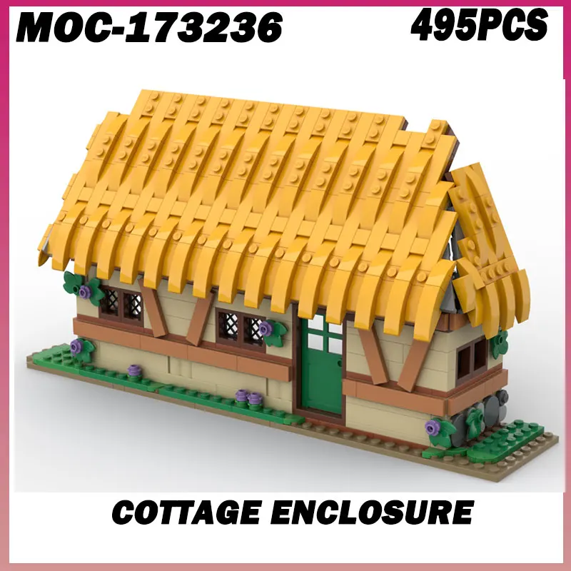 495PCS MOC-173236 Cottage Enclosure Grass roof house building block particles DIY Model Small Brick Education Toys Innovate