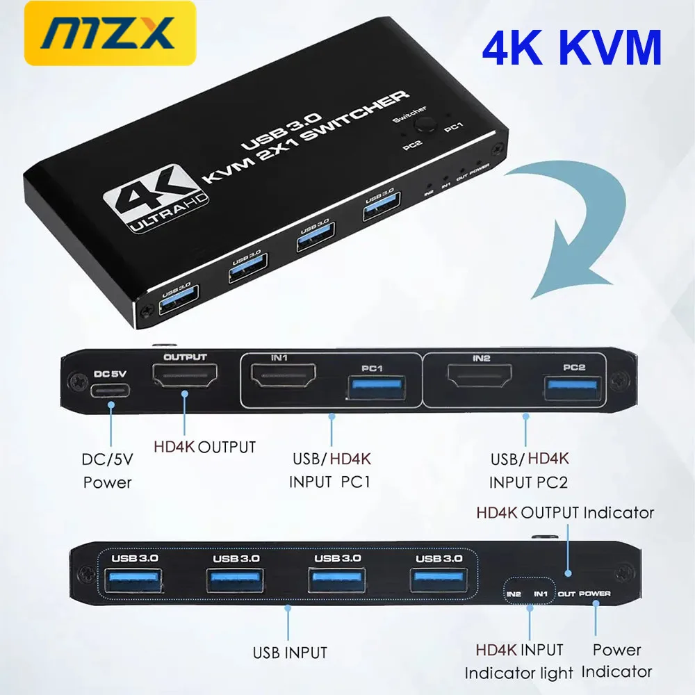MZX 2-In-1-Out KVM Switch 4K 60 هرتز HDMI-متوافق USB 3.0 Hub Switcher محطة إرساء حوض أجهزة الكمبيوتر PC Share طابعة لوحة المفاتيح #1