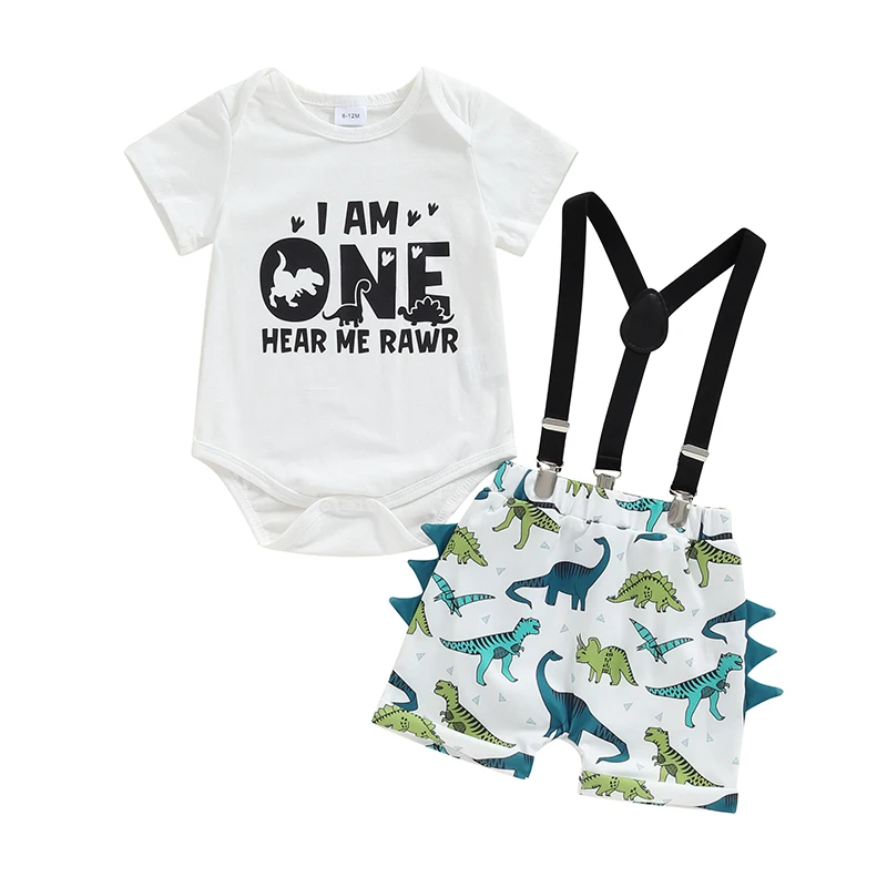 

Boys 1st Birthday Outfit Short Sleeve Letter Print Romper and Dinosaur Print Suspender Shorts Sets