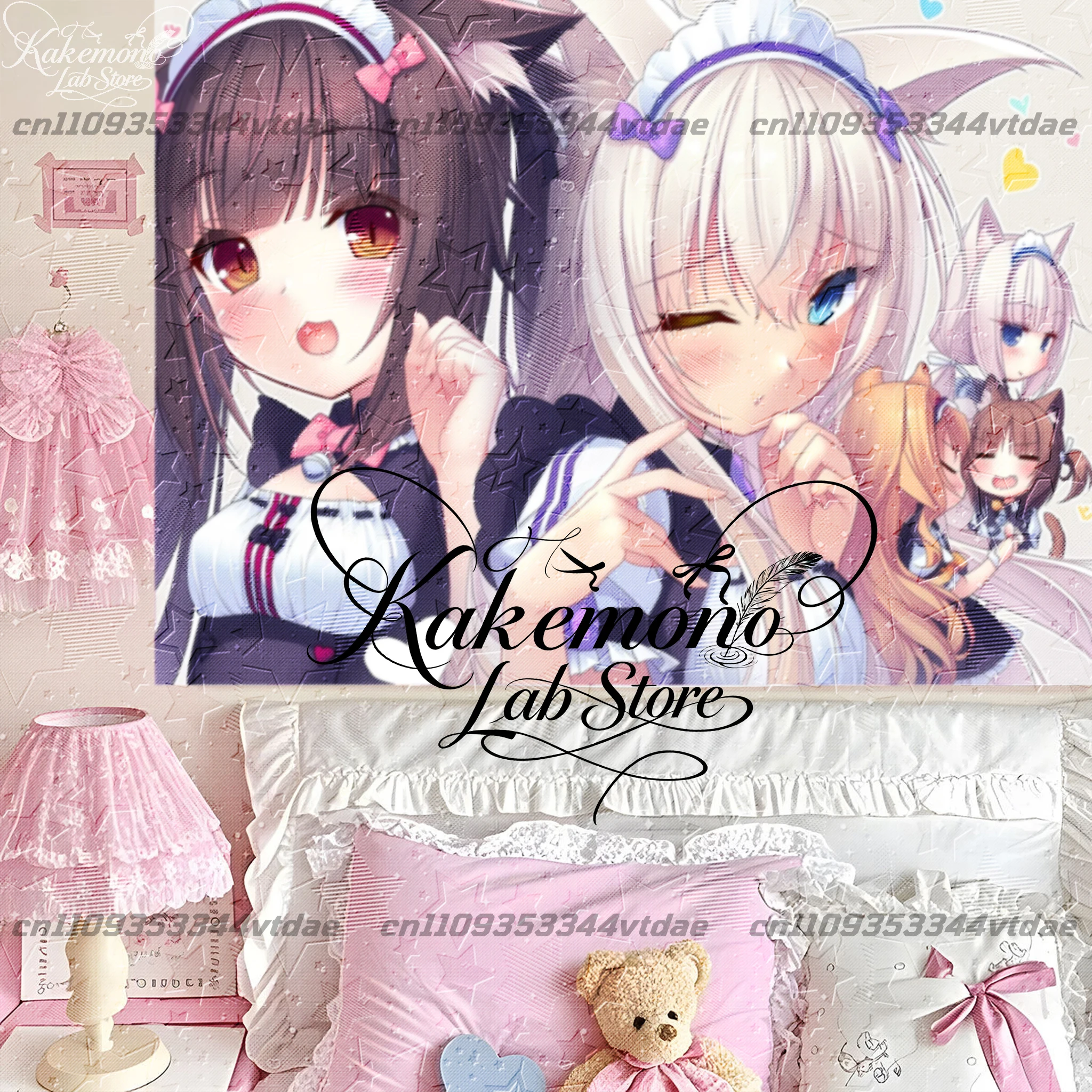 Anime Art Tapestry Kawaii Cat Ear Maid Characters Poster Cloth Bedroom Living Room Aesthetic Wall Hanging Decor