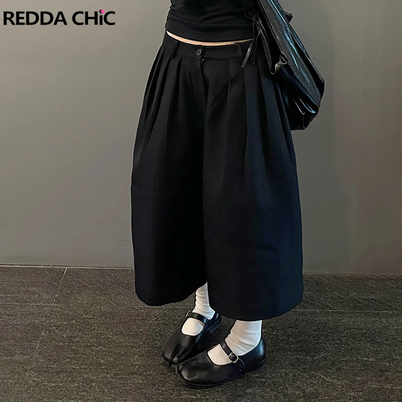 

REDDACHiC Colossus Black Suit Bermuda Pants Solid Cleanfit Pockets Pleats Wide Leg Casual Bubble Shorts Dressy Men Women Bottoms