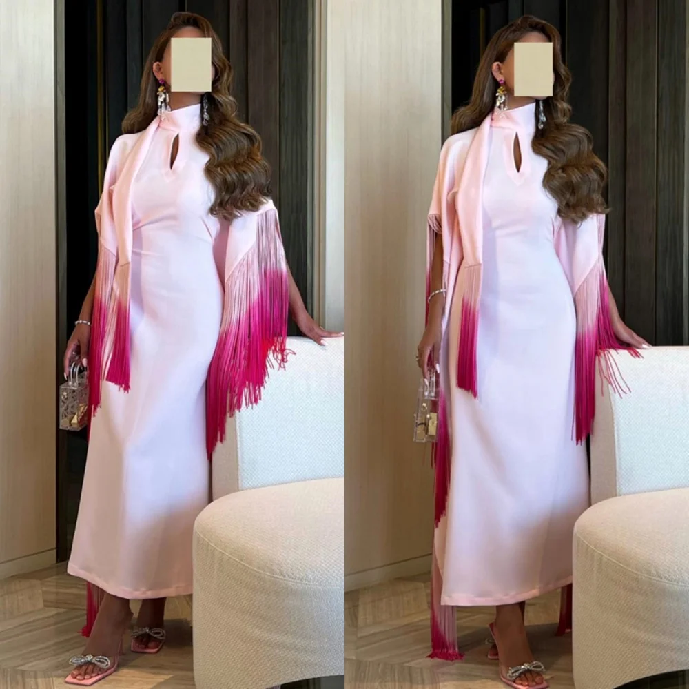 

Customized Exquisite Pink Chiffon Evening Dress Temperament Celebrity Gowns O-Neck Short Sleeves Tassel Special Occasion Gowns