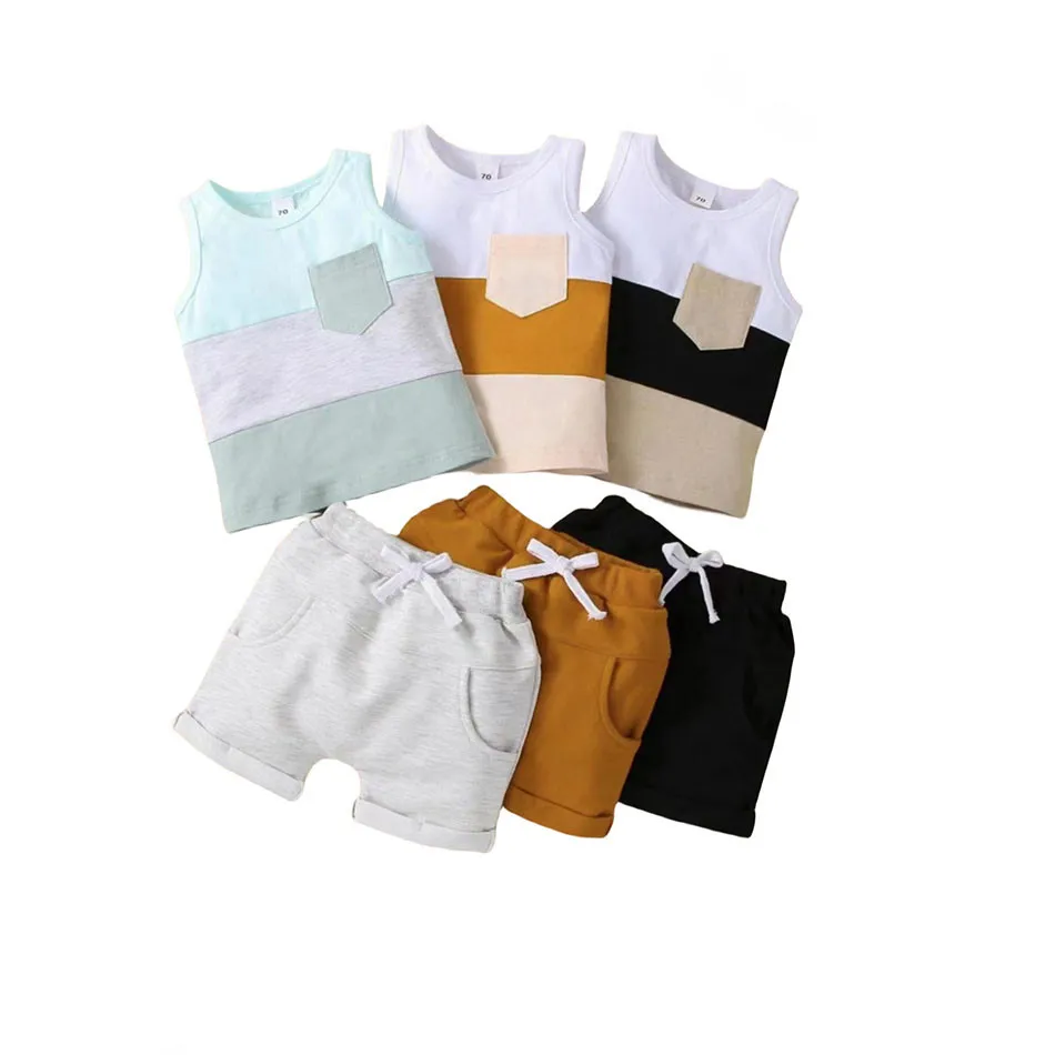 Boys Cotton Round Neck Striped Vest+Solid Color Shorts Two-Piece Set Children Sets Children Fashion Casual Tank Set