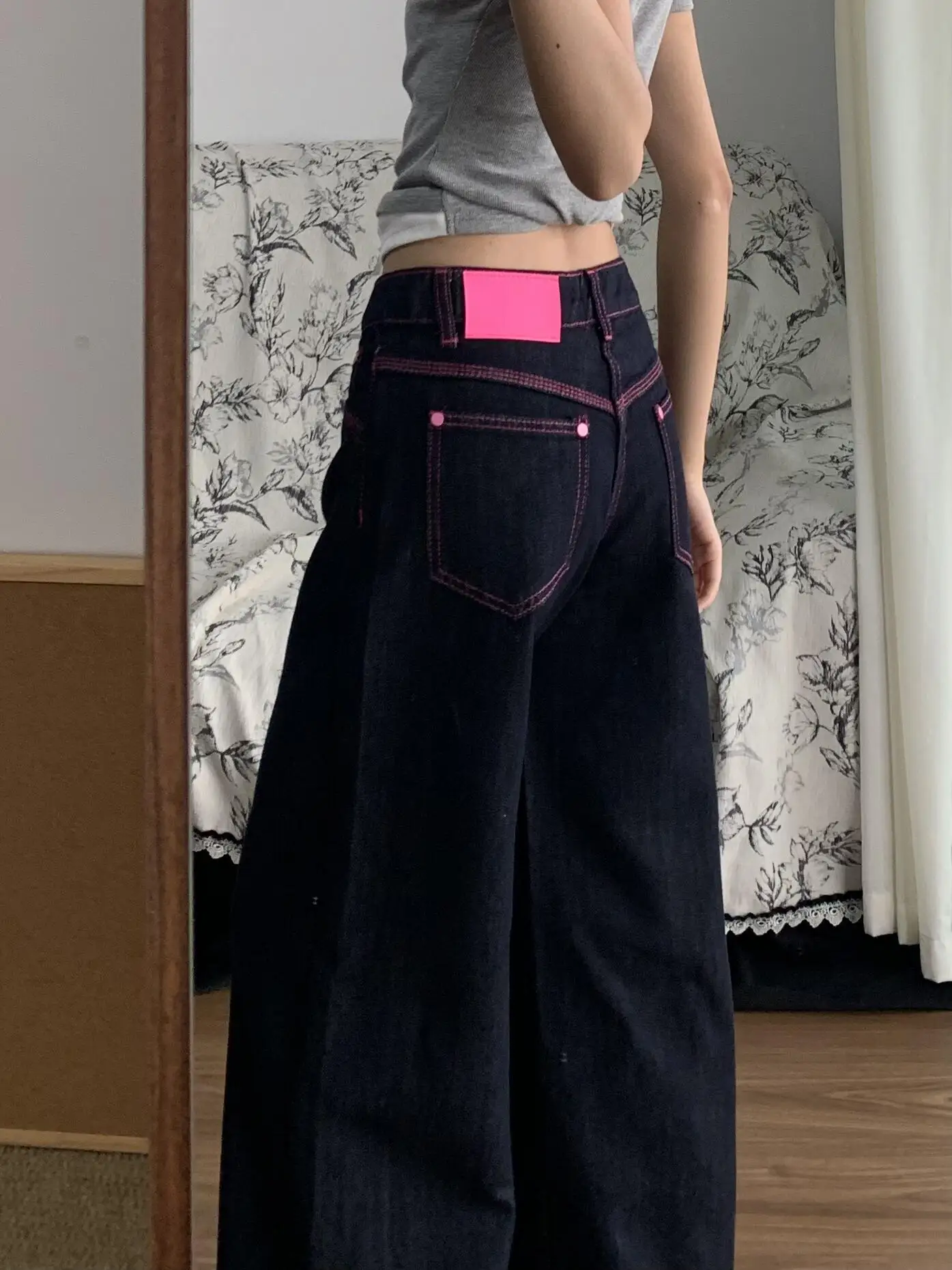 Color Block Wide Leg Jeans Women Petite Retro Autumn New Loose Draped Designer Streetwear Pants