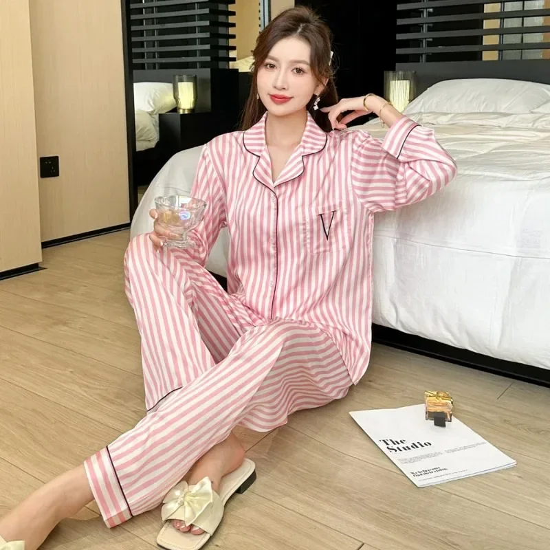 Autumn New Ice-silk Casual Long Sleeve Tops with Trousers 2Pieces Pajamas Sets Women\'s Printed Satin Soft Sweet Sleepwear