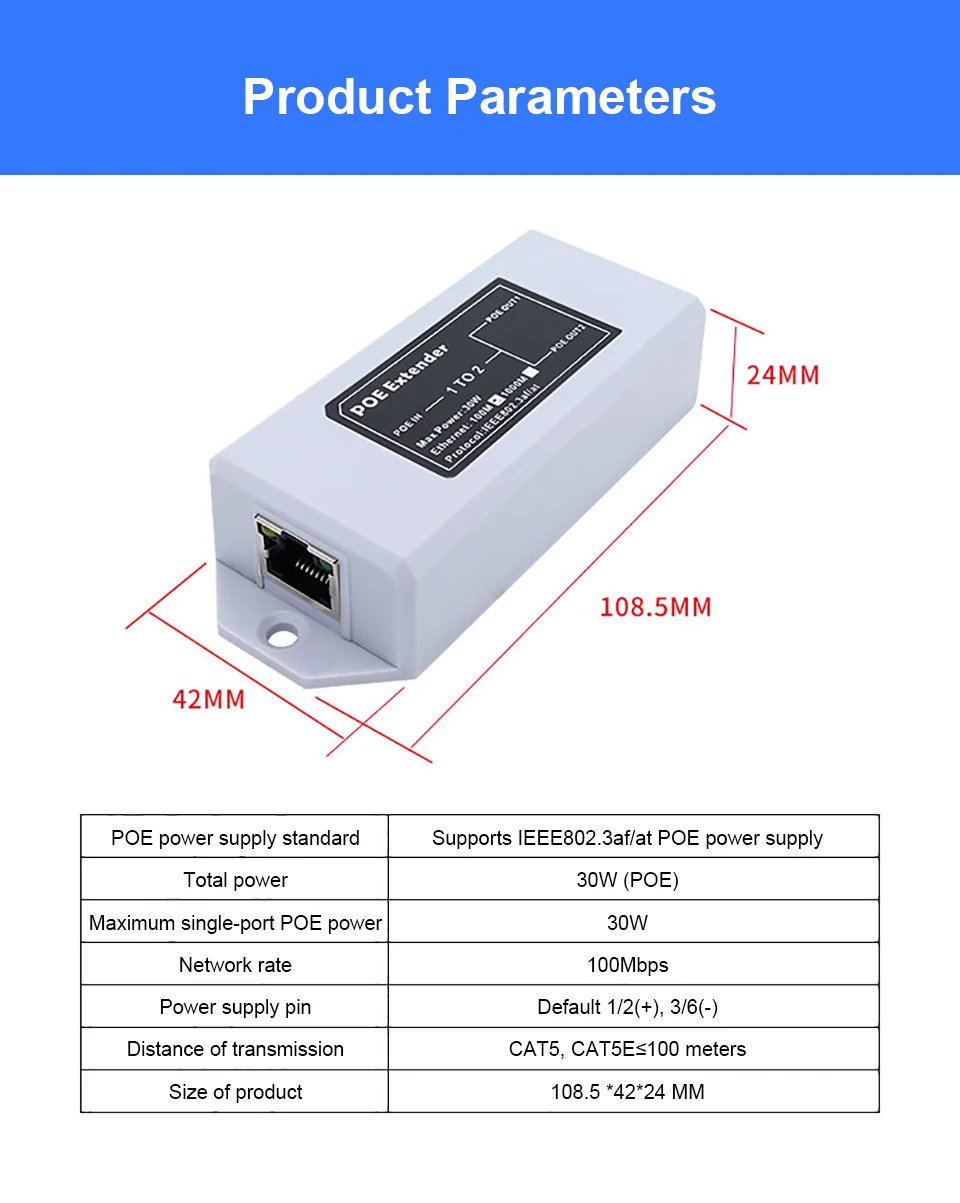 1 to 2 Port POE Extender 100/1000Mbps IEEE 802.3af/at Standard 48V for NVR IP Camera POE Extend 100 Meters for POE Range