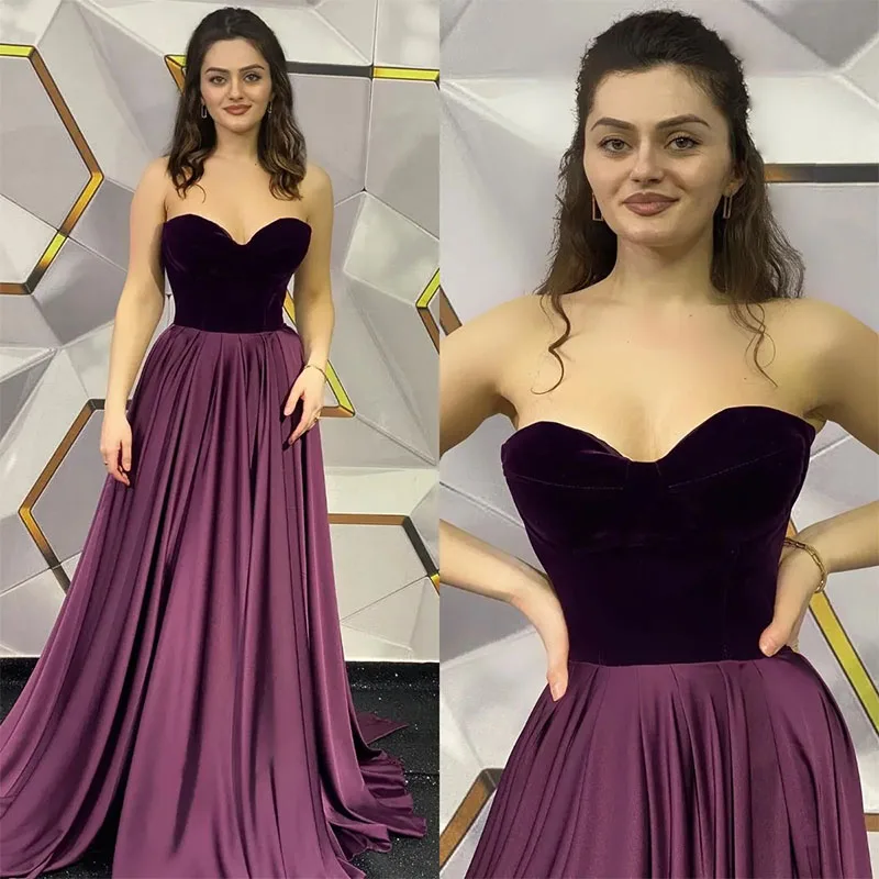 2024 Elegant Purple Evening Dresses Velvet Sweetheart Neck Party Prom Dress Pleats Ruffle Long Dress For Special Occasion