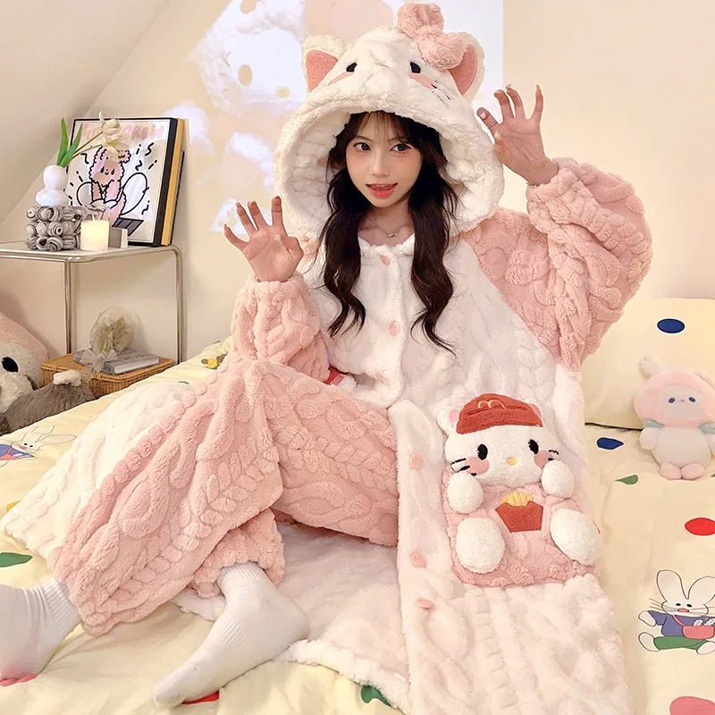 

Anime Hello Kitty Coral Fleece Sleepwear Women's Winter Home Clothes Long Sleeve Long Pants Flannel Pajamas Thicken Homewear