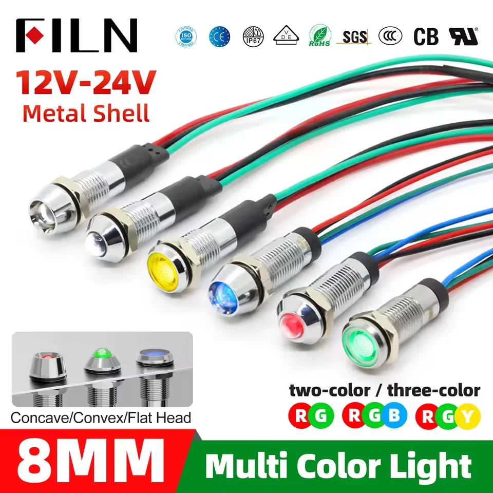 FILN 8mm bicolor tricolor Red Green Blue Yellow 12V 24V Metal Indicator Light led indicator light with 20cm cable