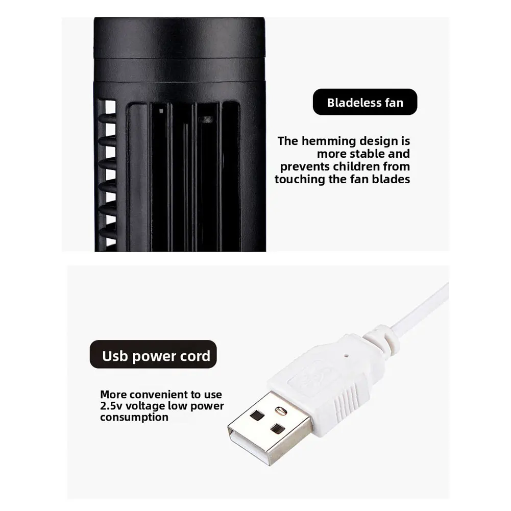 Flügelloser Turmventilator, kleiner Luftzirkulator, Dual-Geschwindigkeitsmodi, USB-betriebene, flügellose Klimaanlage, Heim-/Büro-Lüfter – Detail 3