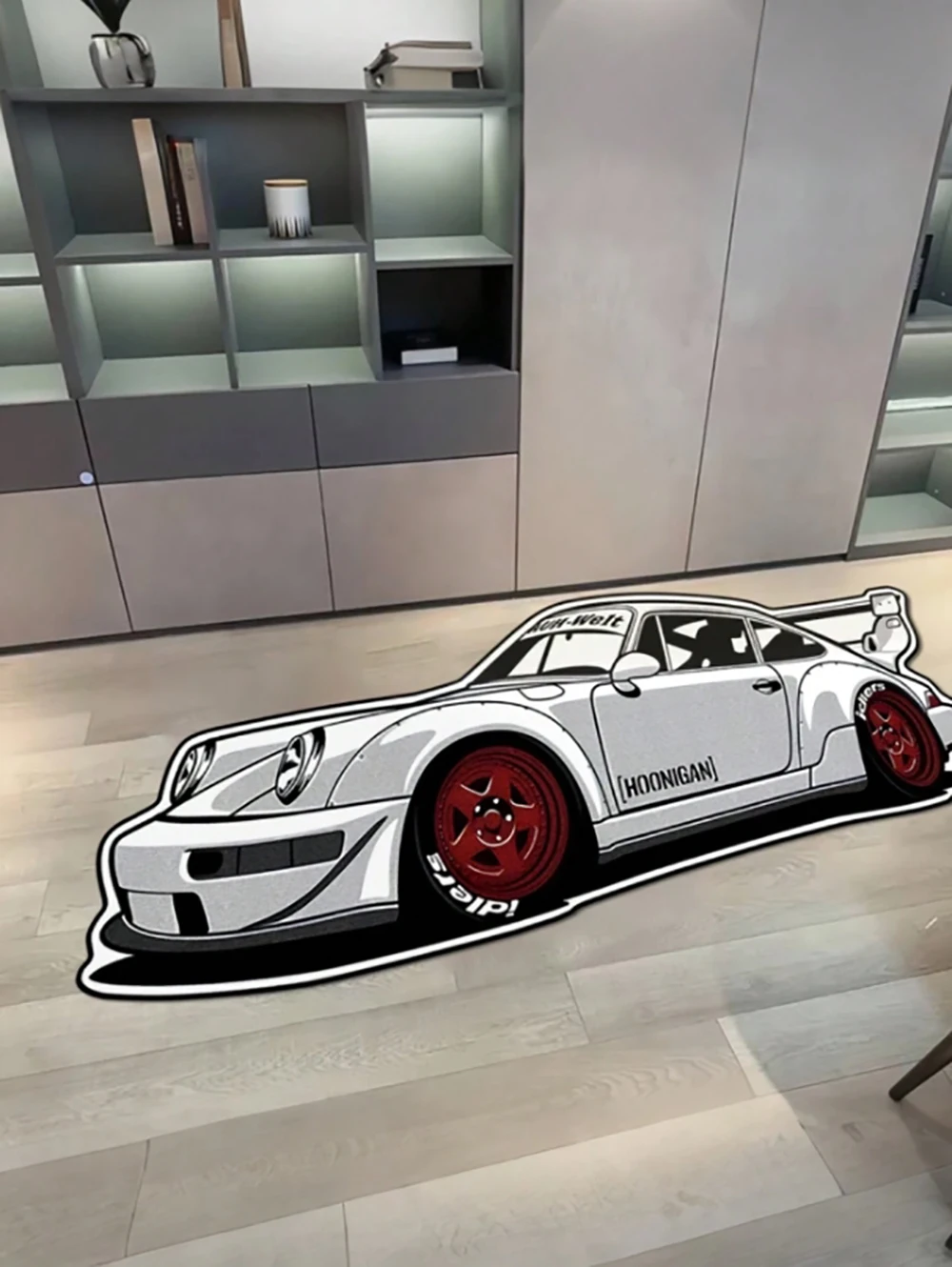 

Premium Racing Car Floor Mat Polyester Fiber Rug Black & White Design Suitable For Bedroom, Living Room Decor Bedroom Decor
